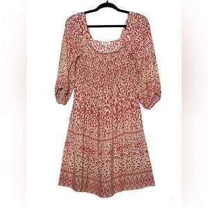Umgee Geometric Print Smocked 3/4 Puff Sleeve Shift Dress Sz S Boho Coquette